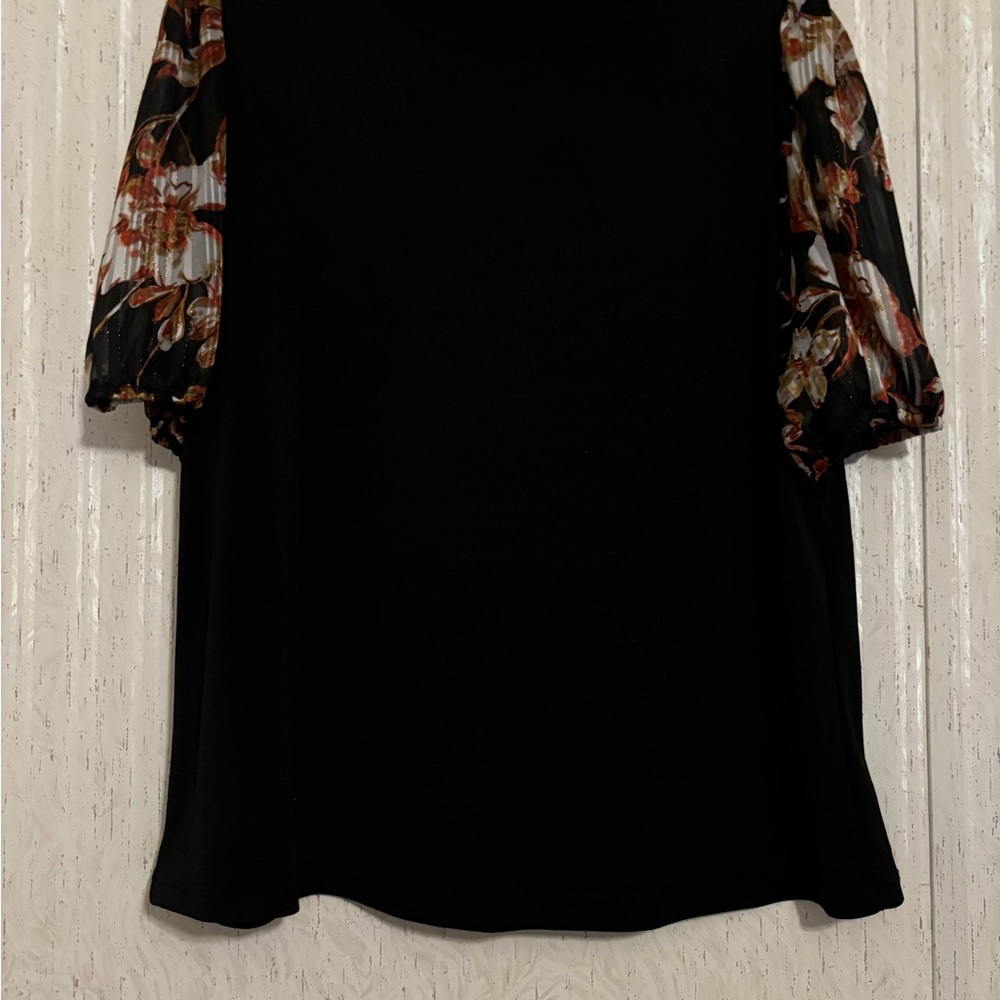 Chic Black Blouse with Floral Sleeves